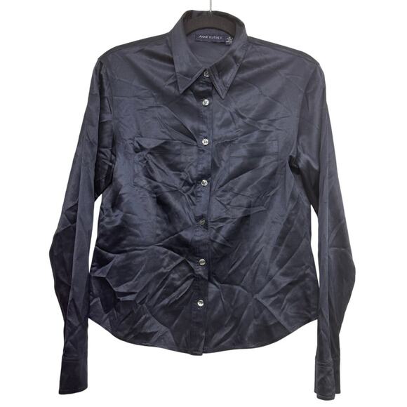 Anne Klein II Black Silk Stretch Button Up Shirt Medium Long Sleeve Blouse - Picture 1 of 5